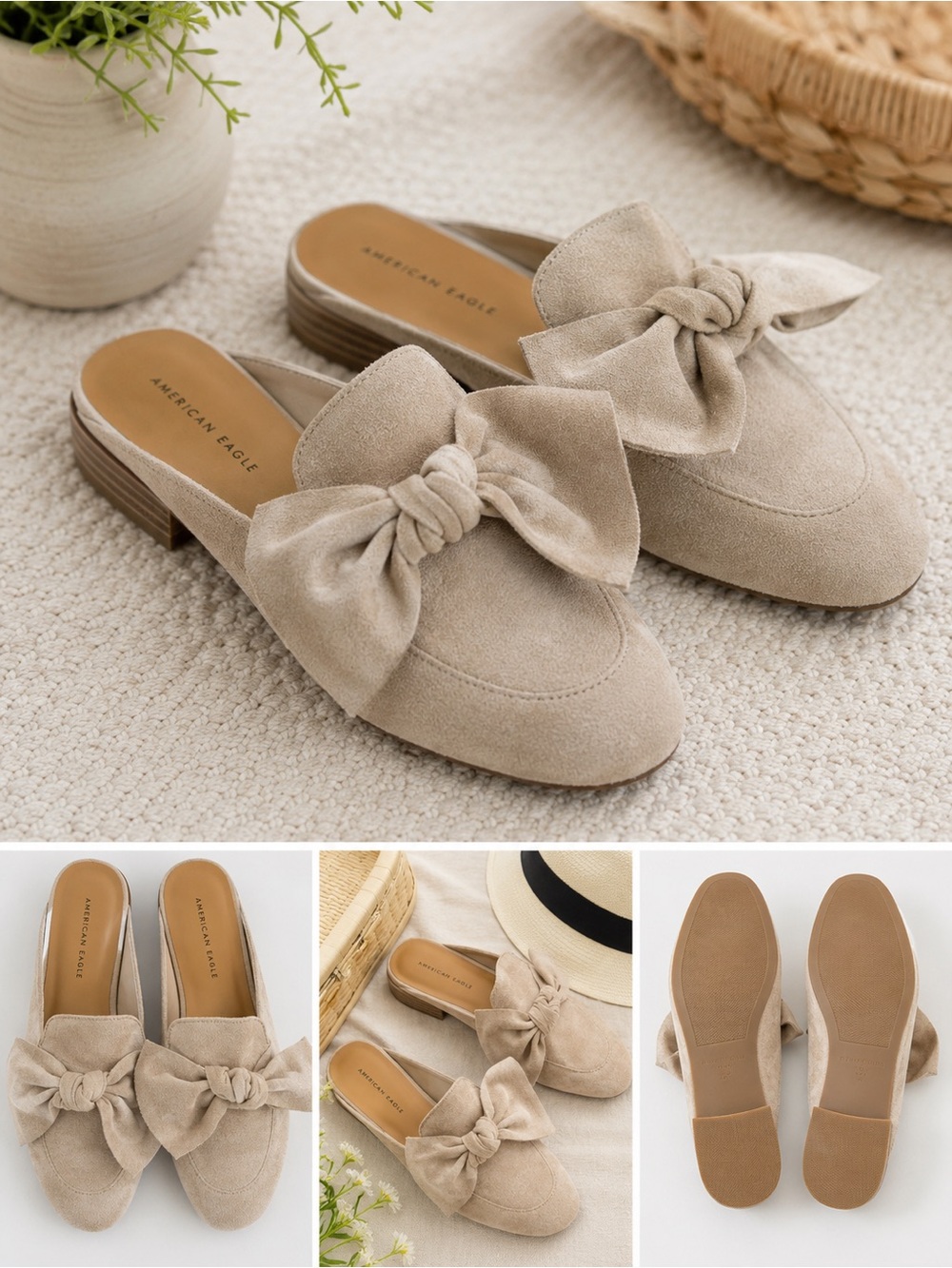 American Eagle Outfitters Taupe Suede Bow Mules